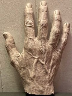 upright cast of older man's hand and wrist in raking light with subtly purple-leaning paint bringing out the rough skin texture, deep folds, and ropy veins captured by the mold